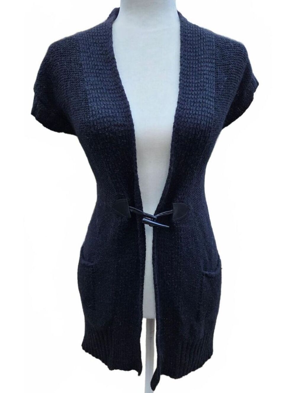 Open Front Long Knit Cardigan with Toggle Accent and Pockets Grunge Indie